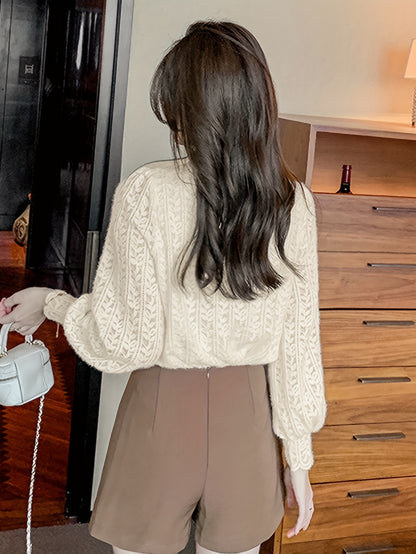 xieyinshe Button Front Textured Blouse, Chic Long Sleeve Top For Spring & Fall, Women's Clothing