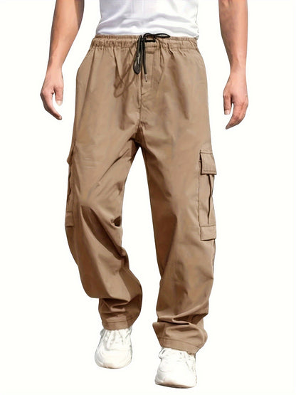 Trendy Solid Cargo Pants, Men's Multi Flap Pocket Trousers, Loose Casual Outdoor Pants, Men's Work Pants Outdoors Streetwear Hip Hop Style