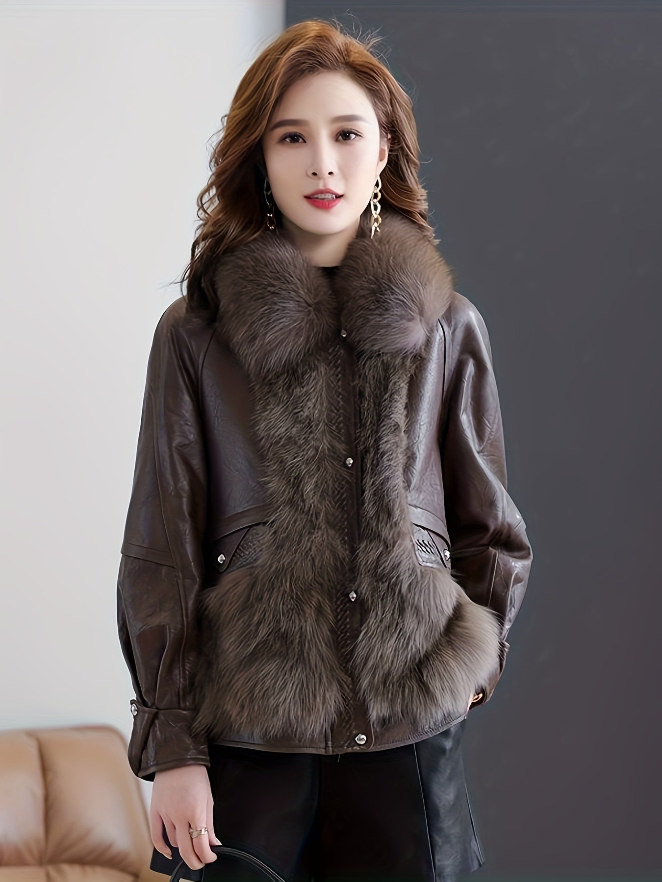 dunnmall  Faux Fur & Leather Zip-up Splicing Jacket, Casual Long Sleeve Jacket For Fall & Winter, Women's Clothing