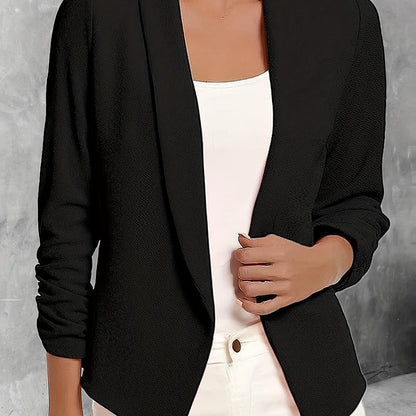 Solid Color Open Front Blazer, Elegant Lapel Ruched Sleeve Blazer For Office & Work, Women's Clothing