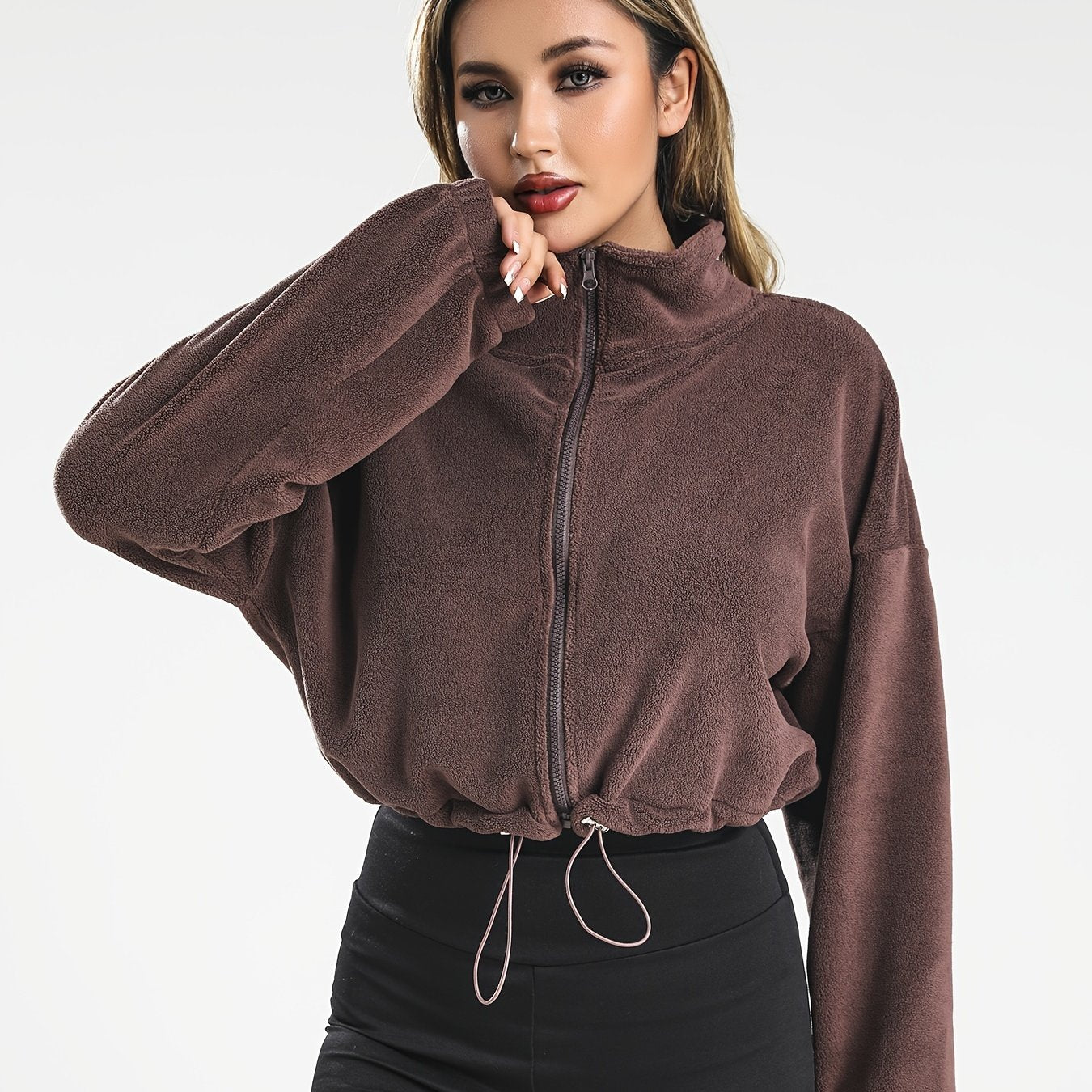 Fleece Thickened Long Sleeve Jacket, Zipper Stand Collar Loose Warm Casual Jacket Fot Winter Outdoor Sports, Women's Clothing