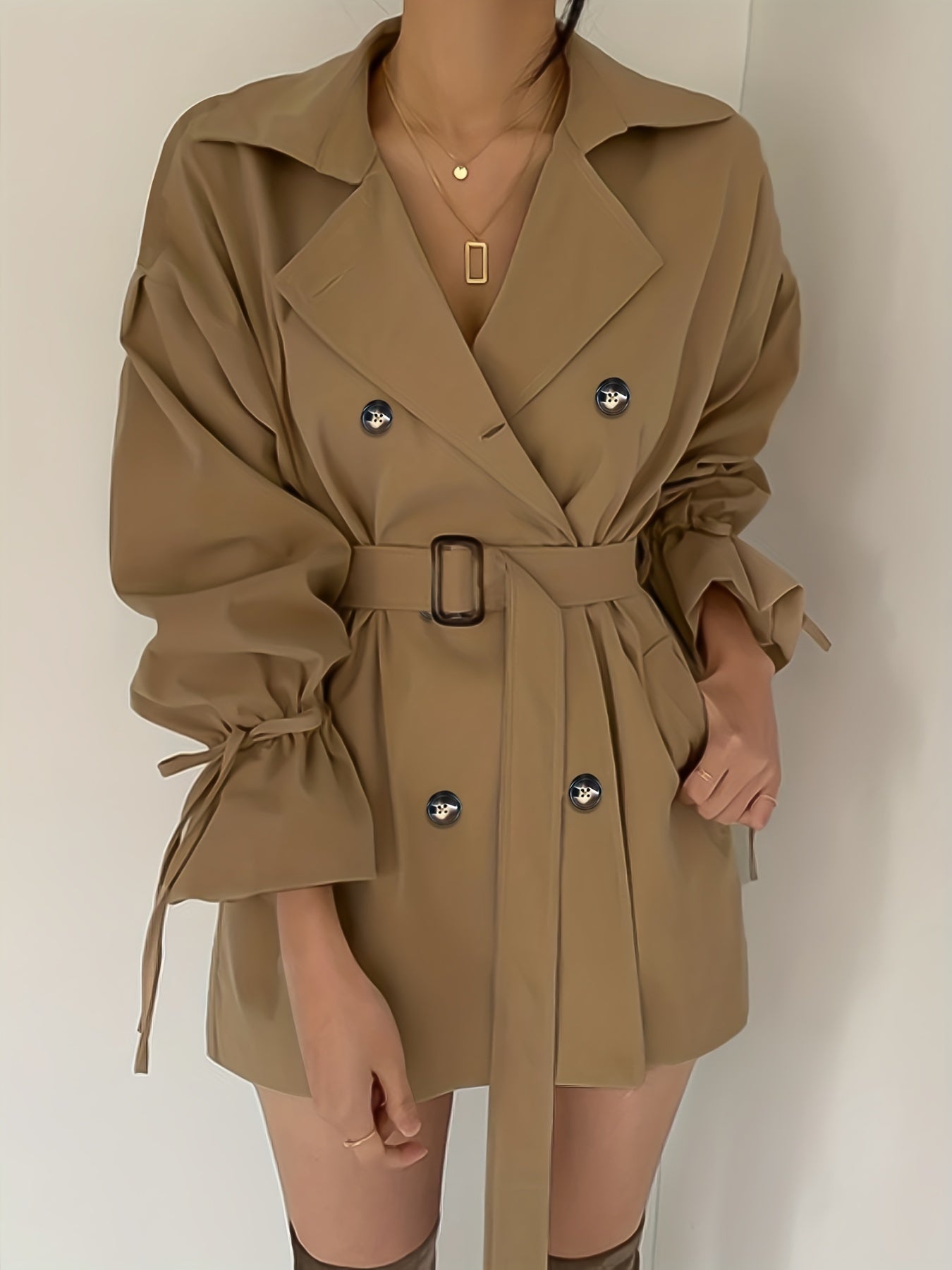 dunnmall Double Breasted Lapel Trench Coat, Elegant Solid Drawstring Long Sleeve Outerwear, Women's Clothing