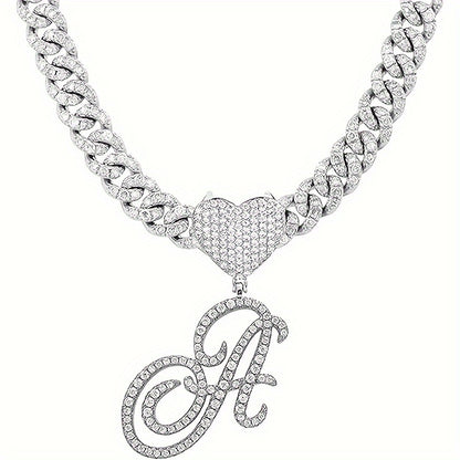 1 Piece Initial Necklace Men Women Silvery Cuban Chain Ice Rhinestone With Heart Shaped Letter Pendant Necklace Hip Hop Jewelry Gift