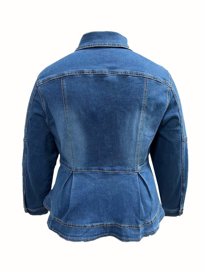 dunnmall Plus Size Elegant Denim Jacket, Women's Plus Washed Long Sleeve Turn Down Collar Ruffle Trim Denim Jacket