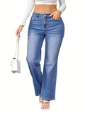 dunnmall  Plus Size Casual Jeans, Women's Plus Solid Button Fly High Rise Medium Stretch Straight Leg Jeans