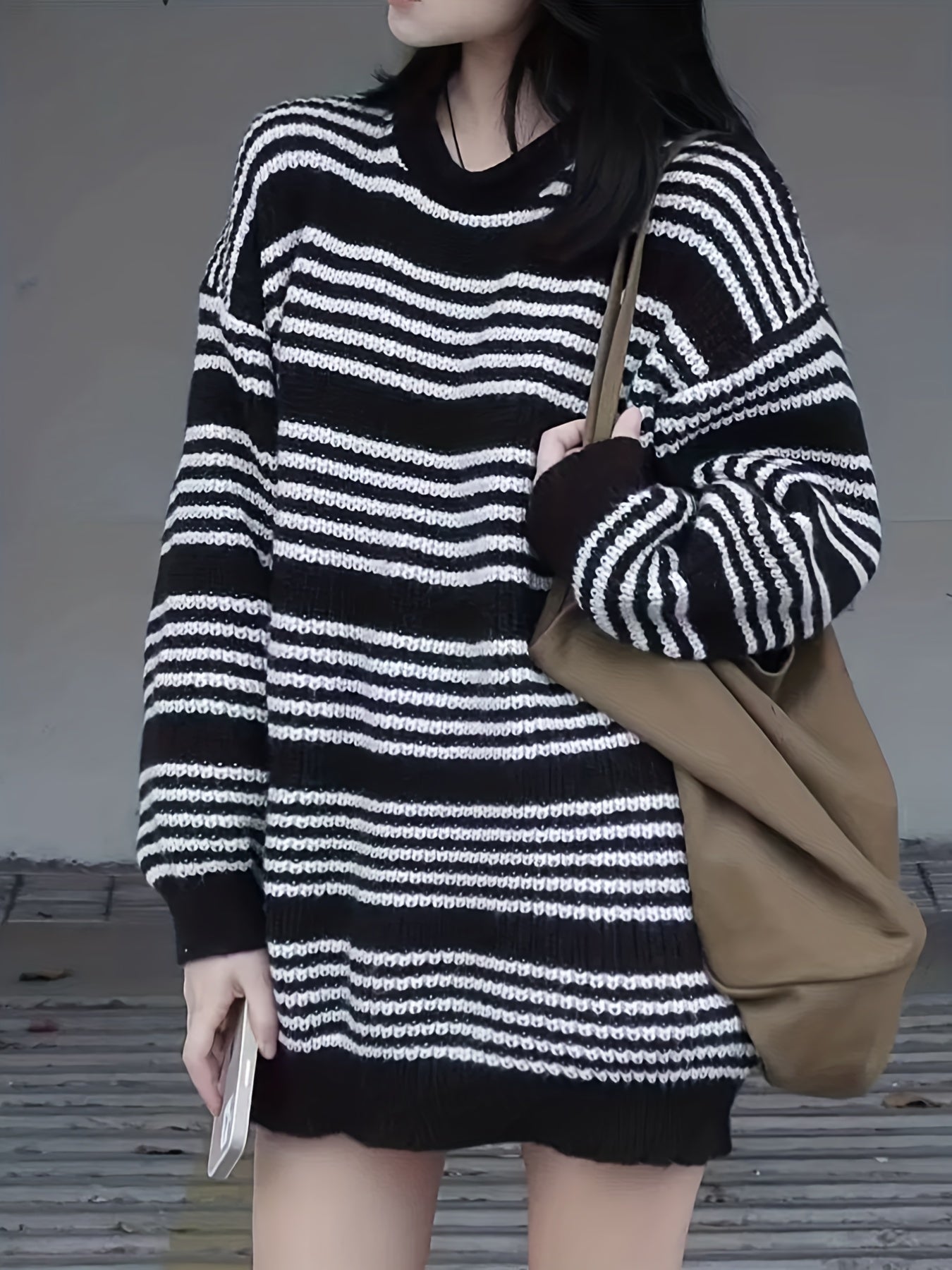 dunnmall Stripe Pattern Knitted Pullover Top, Casual Crew Neck Long Sleeve Sweater For Fall & Winter, Women's Clothing