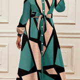 Geo Print Button Front Dress, Casual Long Sleeve Midi Dress, Women's Clothing