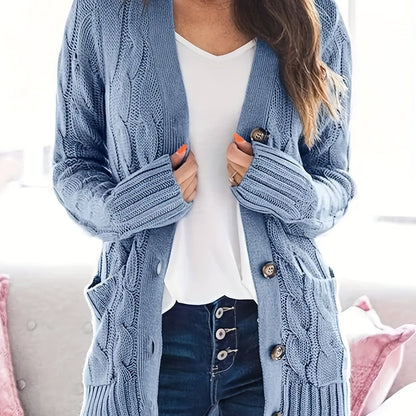 dunnmall  Cable Knit Button Front Cardigan, Casual Solid Long Sleeve Cardigan For Fall & Winter, Women's Clothing