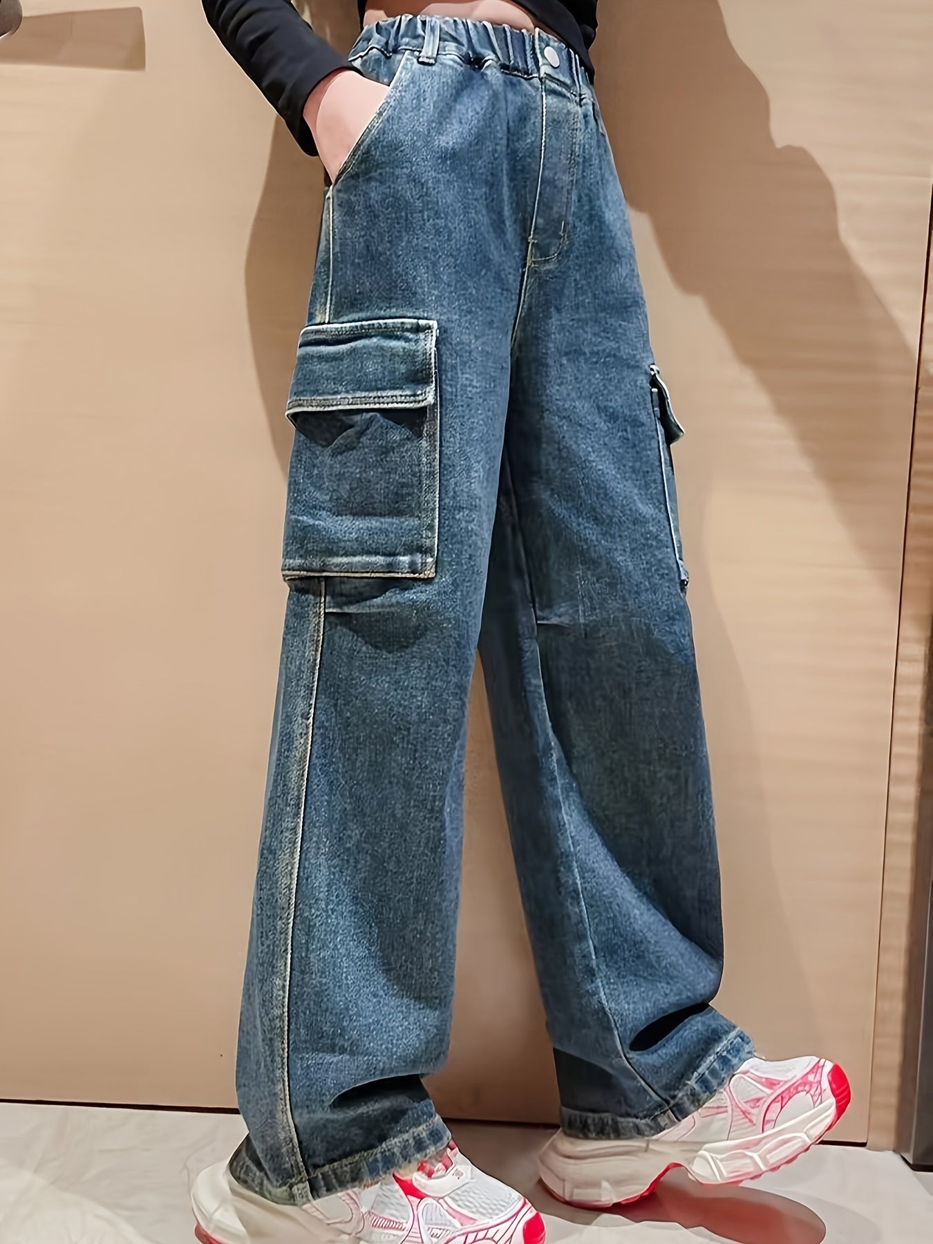 dunnmall Teen Girls' Multi-pocket Elastic High Waist Straight Pants Street Fashion Loose Wide-leg Denim Trousers