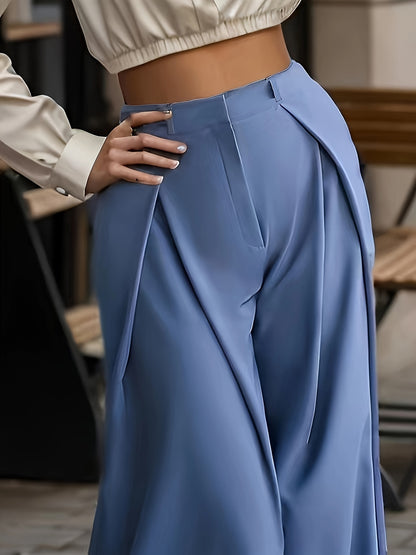 Solid Pleated Wide Leg Pants, Elegant Long Length Draped Pants, Women's Clothing