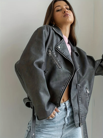 Vintage Lapel Belted Biker Jacket, Long Sleeve Slant Zipper Pockets Loose Jacket, Women's Clothing