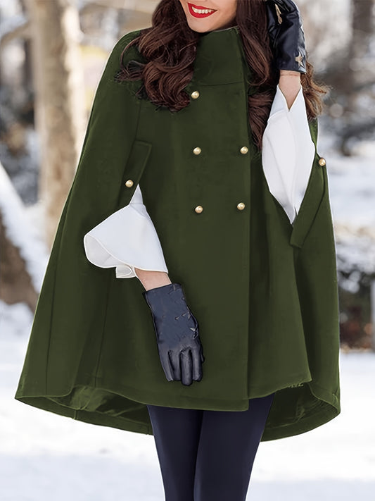 Plus Size Elegant Coat, Women's Plus Solid Double Breast Button Clock Sleeve Mock Neck Cape Coat