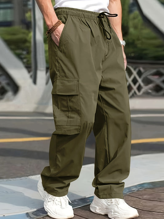 Trendy Solid Cargo Pants, Men's Multi Flap Pocket Trousers, Loose Casual Outdoor Pants, Men's Work Pants Outdoors Streetwear Hip Hop Style