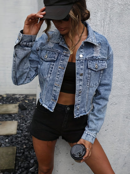 dunnmall  Solid Raw Hem Denim Jackets, Ripped Holes Long Sleeves Distressed Cropped Denim Coats, Women's Denim Clothing