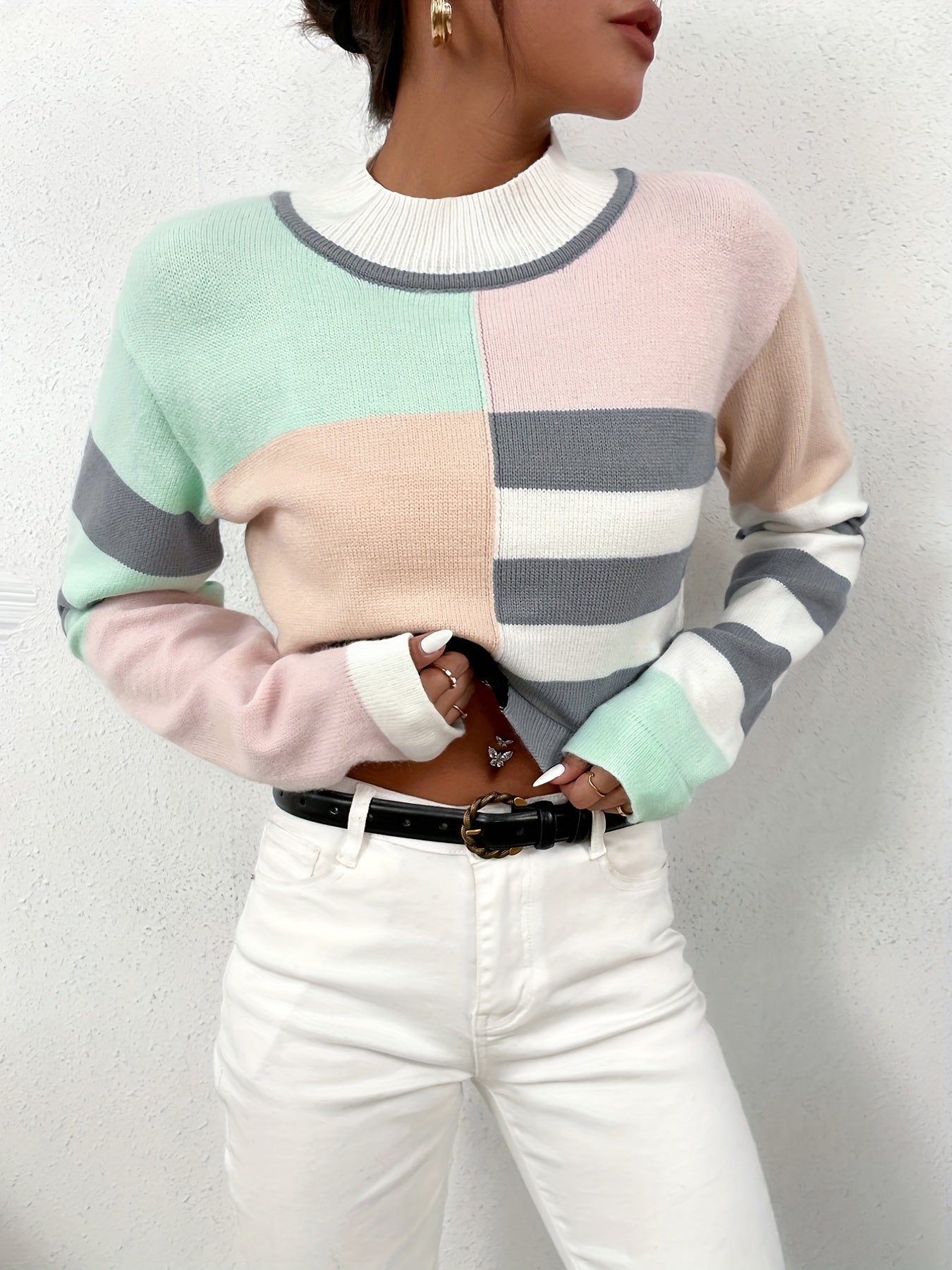 dunnmall  Color Block Drop Shoulder Sweater, Casual Long Sleeve Sweater For Fall & Winter, Women's Clothing