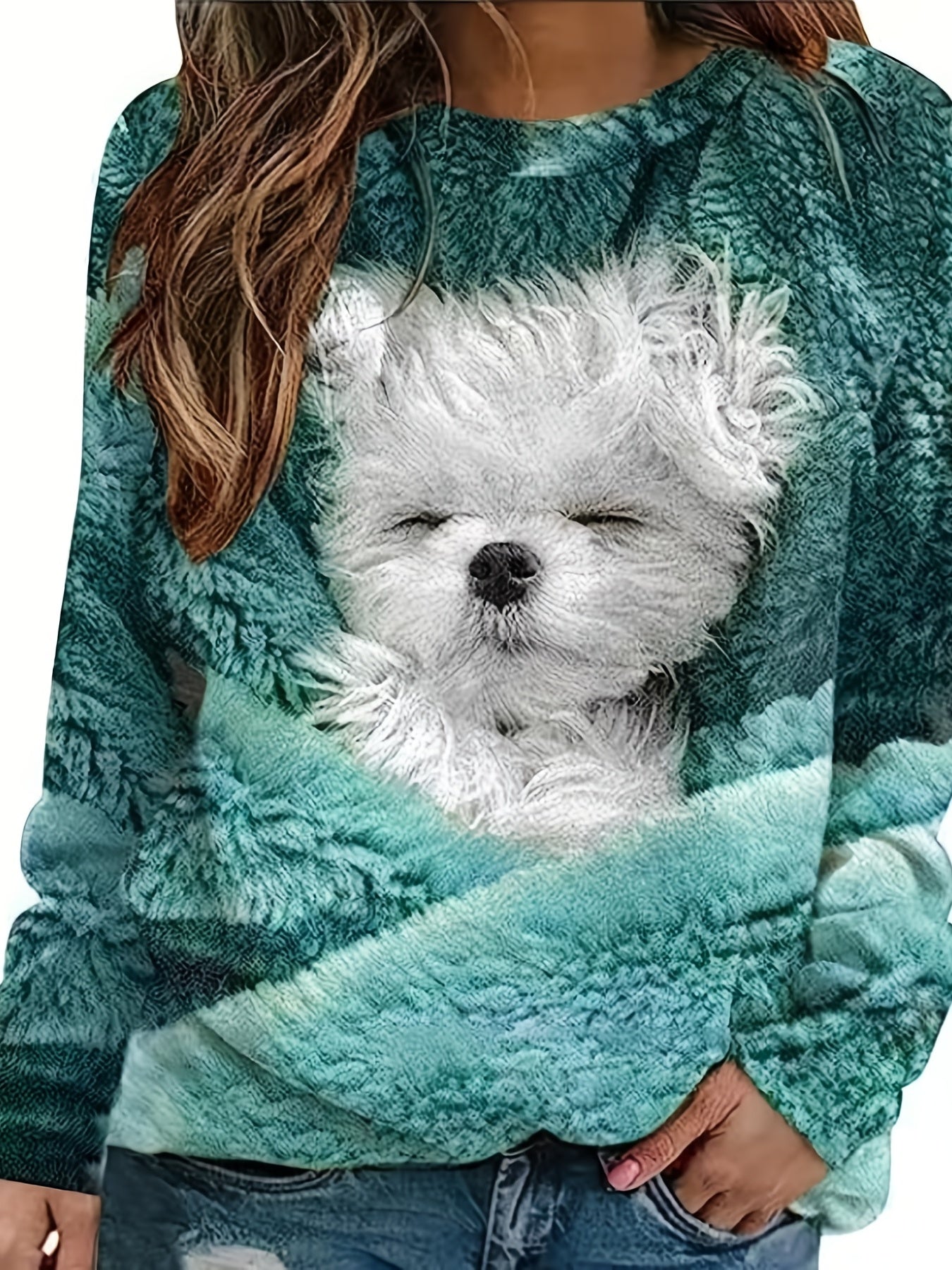 Dog Print Pullover Sweatshirt, Casual Long Sleeve Crew Neck Sweatshirt For Fall & Winter, Women's Clothing