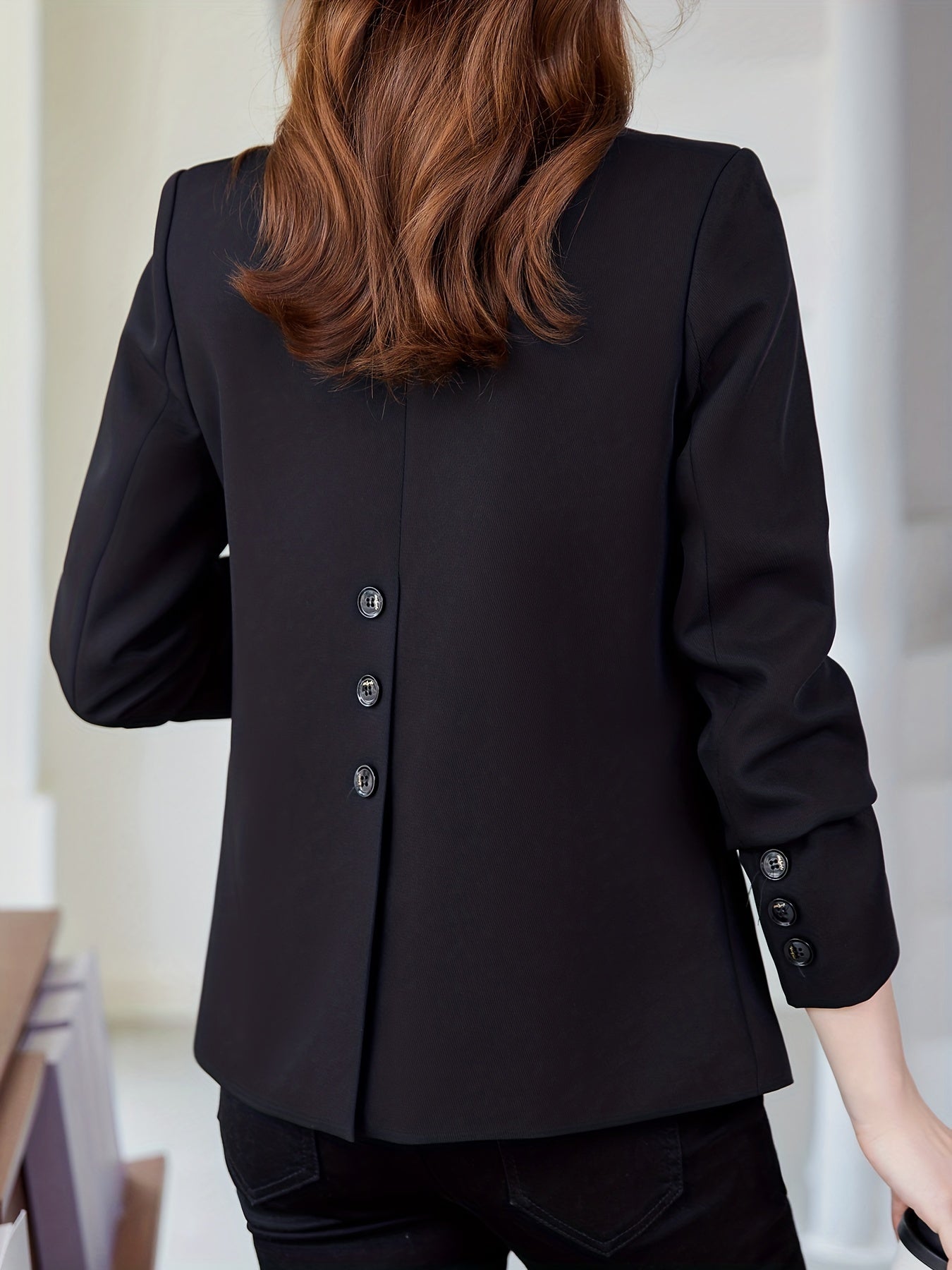 Solid Button Front Blazer, Casual Long Sleeve Lapel Blazer For Office, Women's Clothing