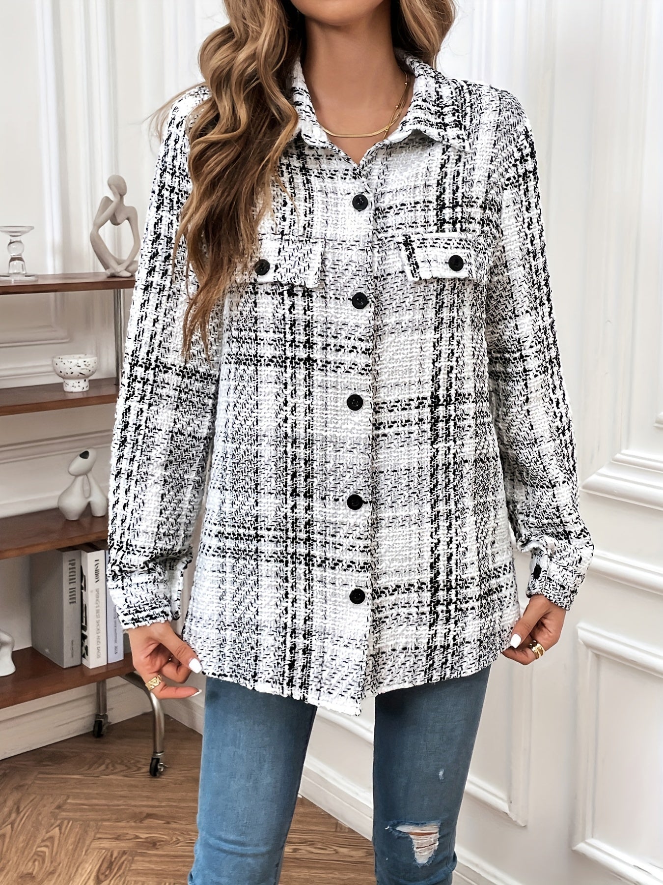 dunnmall Plaid Pattern Simple Jacket, Vintage Button Front Long Sleeve Outerwear, Women's Clothing