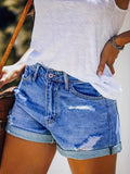 Women's Chic Distressed Denim Shorts – Ripped Roll-Up Hem, Washed Blue, Slash Pockets – Casual Summer Wear & Street Fashion