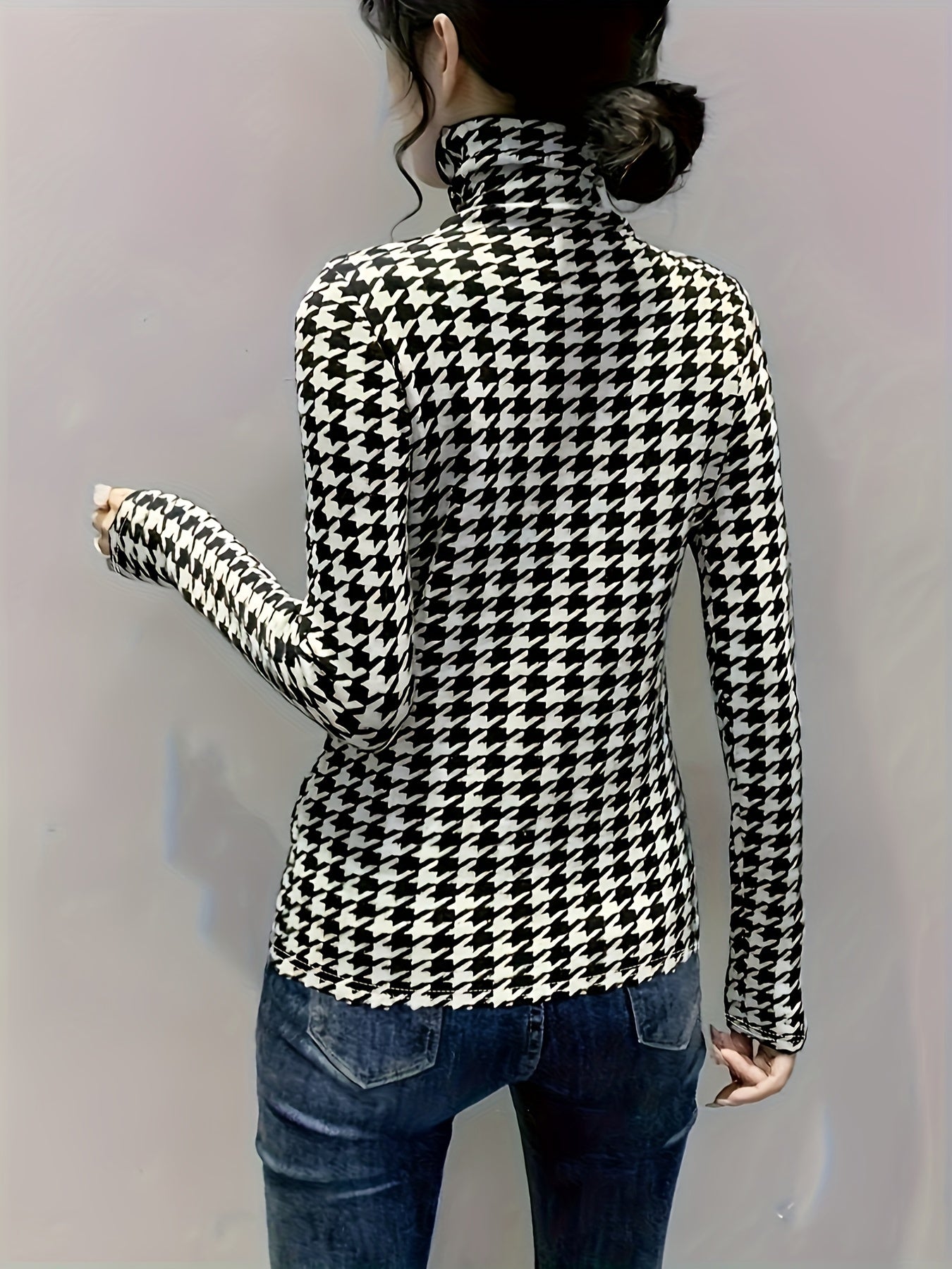 Houndstooth Print Turtleneck T-Shirt, Casual Long Sleeve Top For Spring & Fall, Women's Clothing