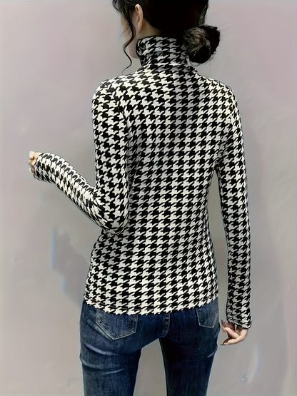 Houndstooth Print Turtleneck T-Shirt, Casual Long Sleeve Top For Spring & Fall, Women's Clothing