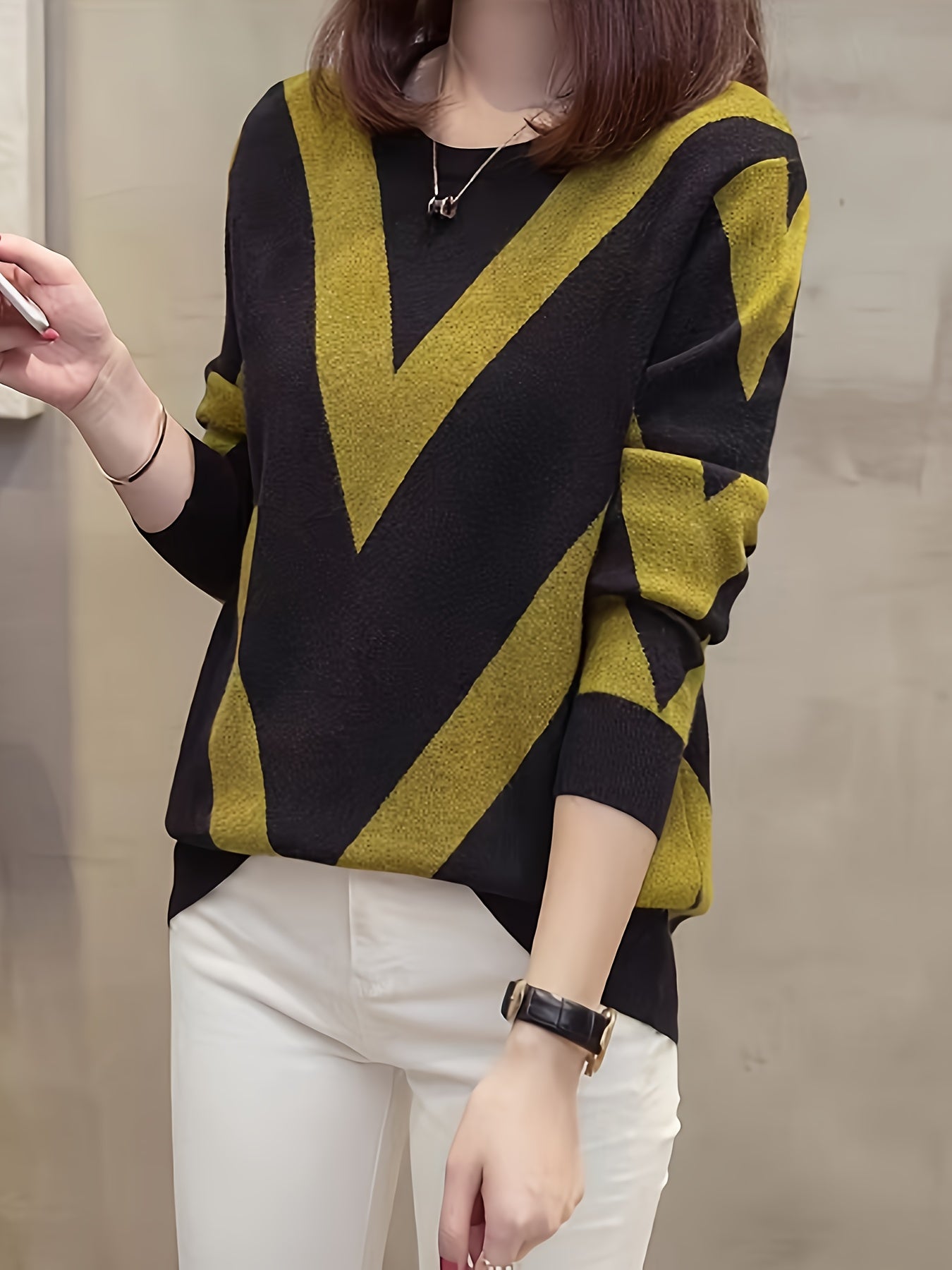 Striped Crew Neck Pullover Sweater, Casual Long Sleeve Sweater, Women's Clothing