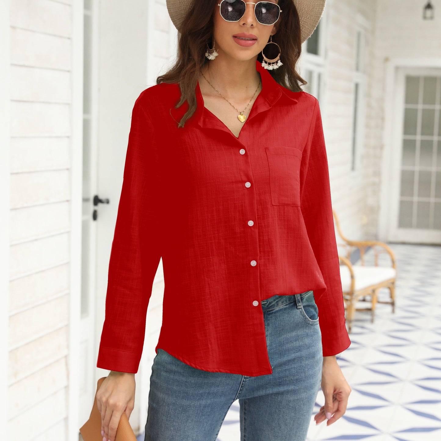 Long Sleeve Button Up Shirt, Pocket Casual Every Day Top For Spring & Fall, Women's Clothing