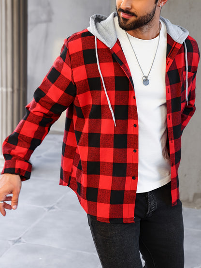 Men's Plus Size Plaid Hooded Jacket - Casual Button-Up Shirt with Pockets, Machine Washable, PLUS SIZE