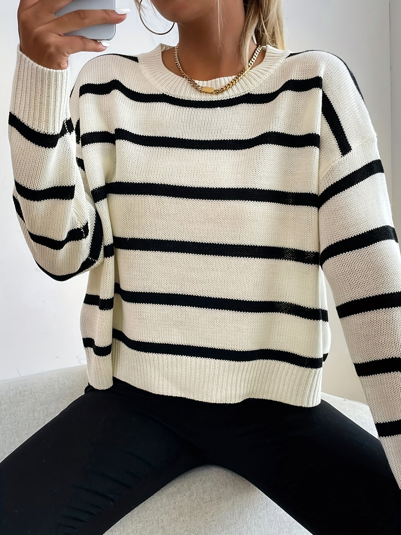 dunnmall  Striped Crew Neck Pullover Sweater, Casual Long Sleeve Sweater, Women's Clothing