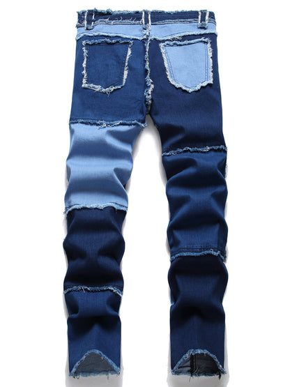 dunnmall Men's Patchwork Jeans Hip Hop Straight Casual Pants Streetwear Pants