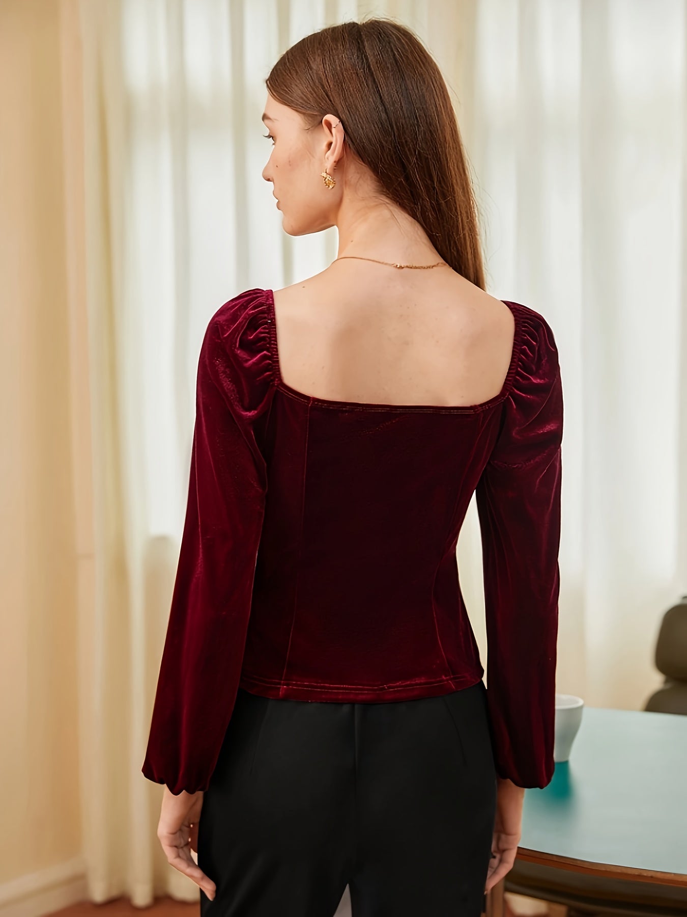 xieyinshe Solid Velvet Slim Top, Vintage Lantern Sleeve Top For Spring & Fall, Women's Clothing