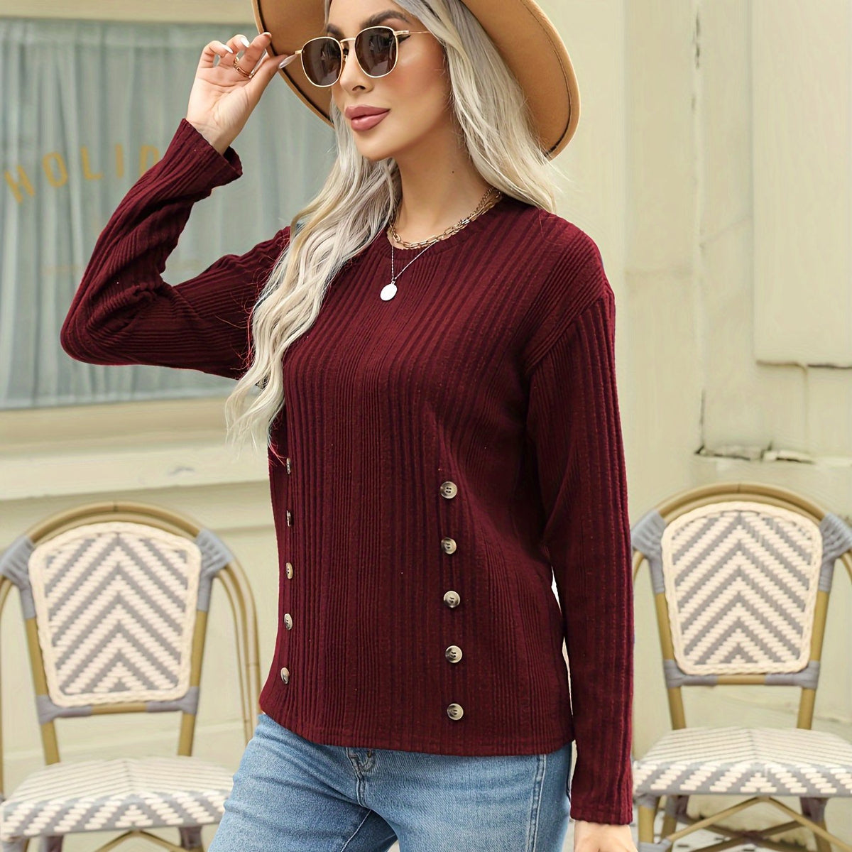 dunnmall Ribbed Button Decor Crew Neck T-Shirt, Casual Long Sleeve Top For Spring & Fall, Women's Clothing