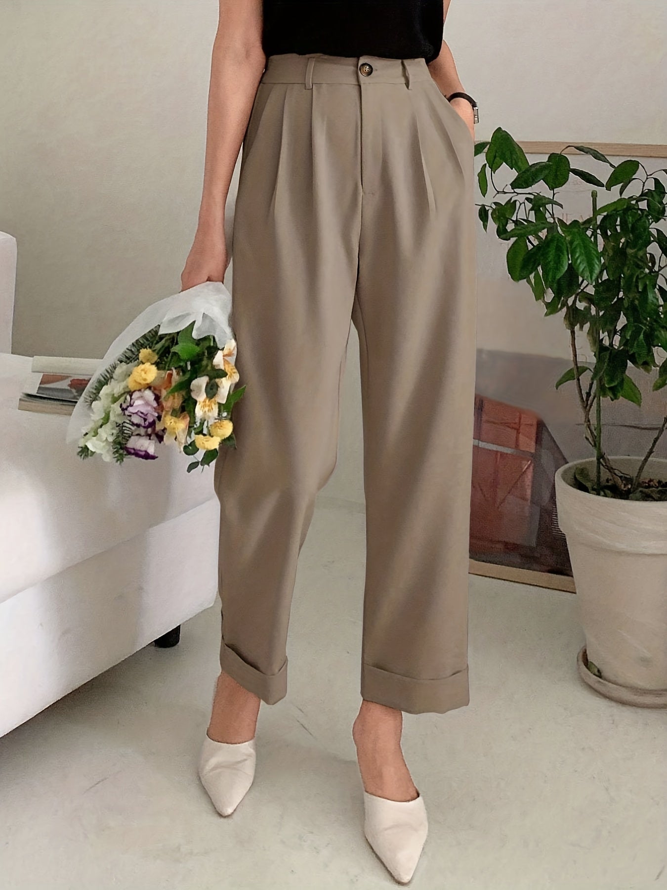 dunnmall  Solid Button Straight Leg Pants, Casual High Waist Draped Pleated Pants, Women's Clothing