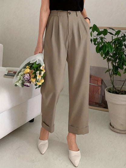 dunnmall  Solid Button Straight Leg Pants, Casual High Waist Draped Pleated Pants, Women's Clothing