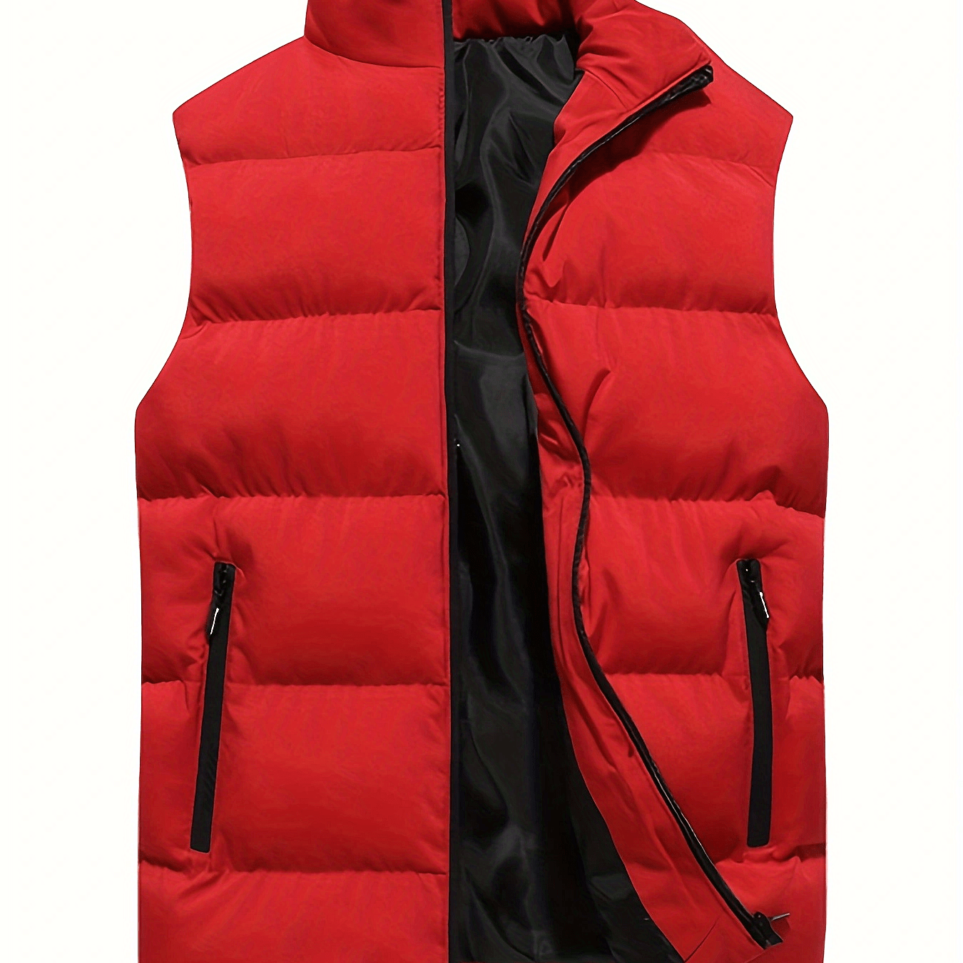 dunnmall  Warm Winter Vest, Men's Casual Zipper Pockets Stand Collar Zip Up Cotton Padded Vest For Fall Winter