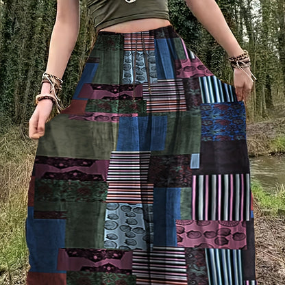 dunnmall  Hippie Patchwork Print Drawstring Skirt, Boho Skirt For Spring & Summer, Women's Clothing