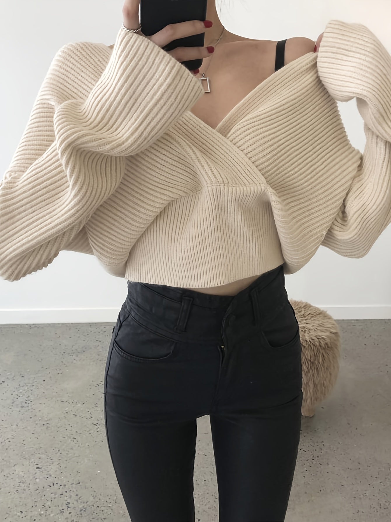 Surplice Neck Cinched Waist Sweater, Chic Long Sleeve Sweater For Fall & Winter, Women's Clothing