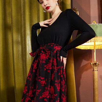 Women's Dresses Knitted Long-sleeve Paneled Floral Swing Dresses