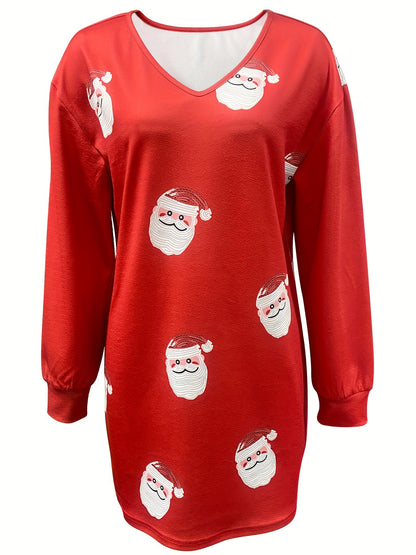 dunnmall  Christmas Santa Claus Print Dress, Casual Long Sleeve V Neck Dress, Women's Clothing