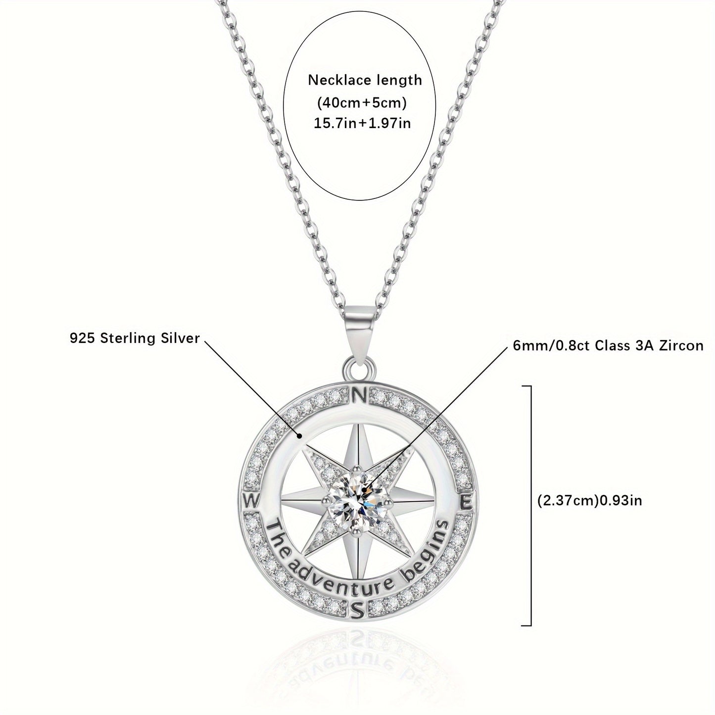 925 Sterling Silver Compass Necklace With Zircon Decor, Luxury Round Charm Jewelry Gifts For Women With Gift Box