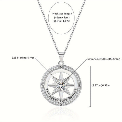 925 Sterling Silver Compass Necklace With Zircon Decor, Luxury Round Charm Jewelry Gifts For Women With Gift Box