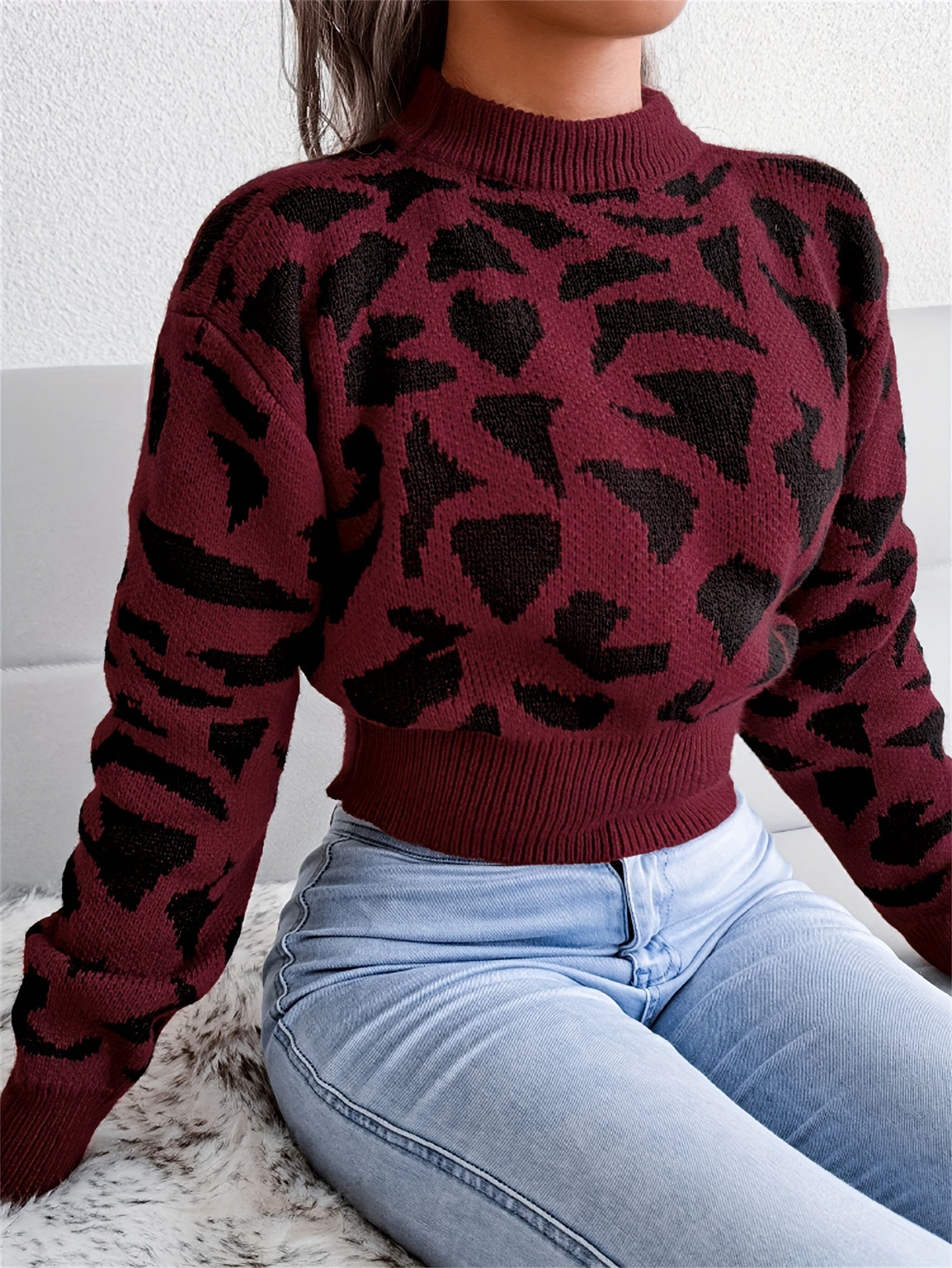 dunnmall Leopard Print Crop Sweater, Casual Crew Neck Long Sleeve Sweater, Casual Tops For Fall & Winter, Women's Clothing