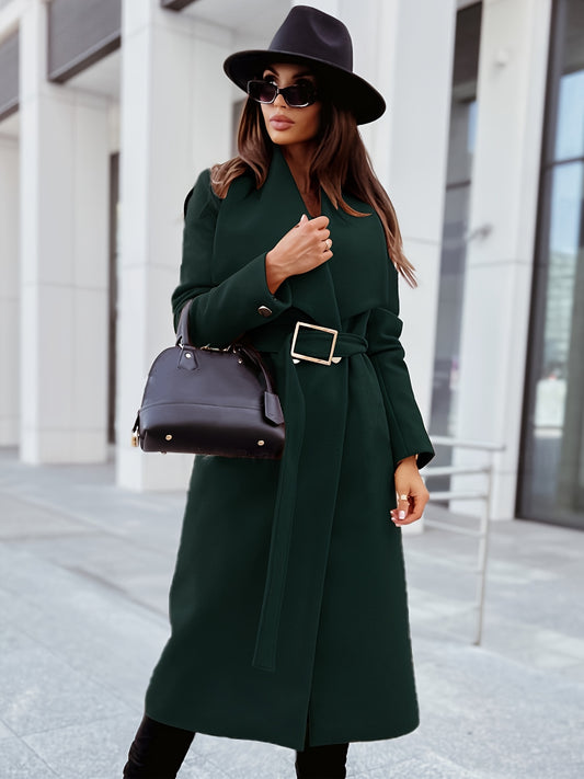 Elegant Lapel Belt Long Coat, Casual Long Sleeve V-neck Fashion Loose Fall Winter Long Outerwear, Women's Clothing