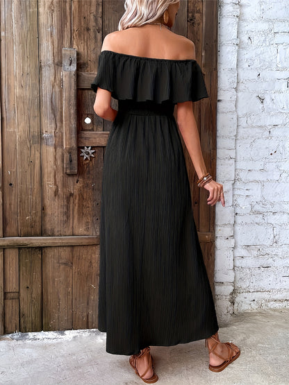 Textured Foldover Off Shoulder Vacation Dress, Elegant Split Thigh Flowy Maxi Dress For Spring & Summer, Women's Clothing