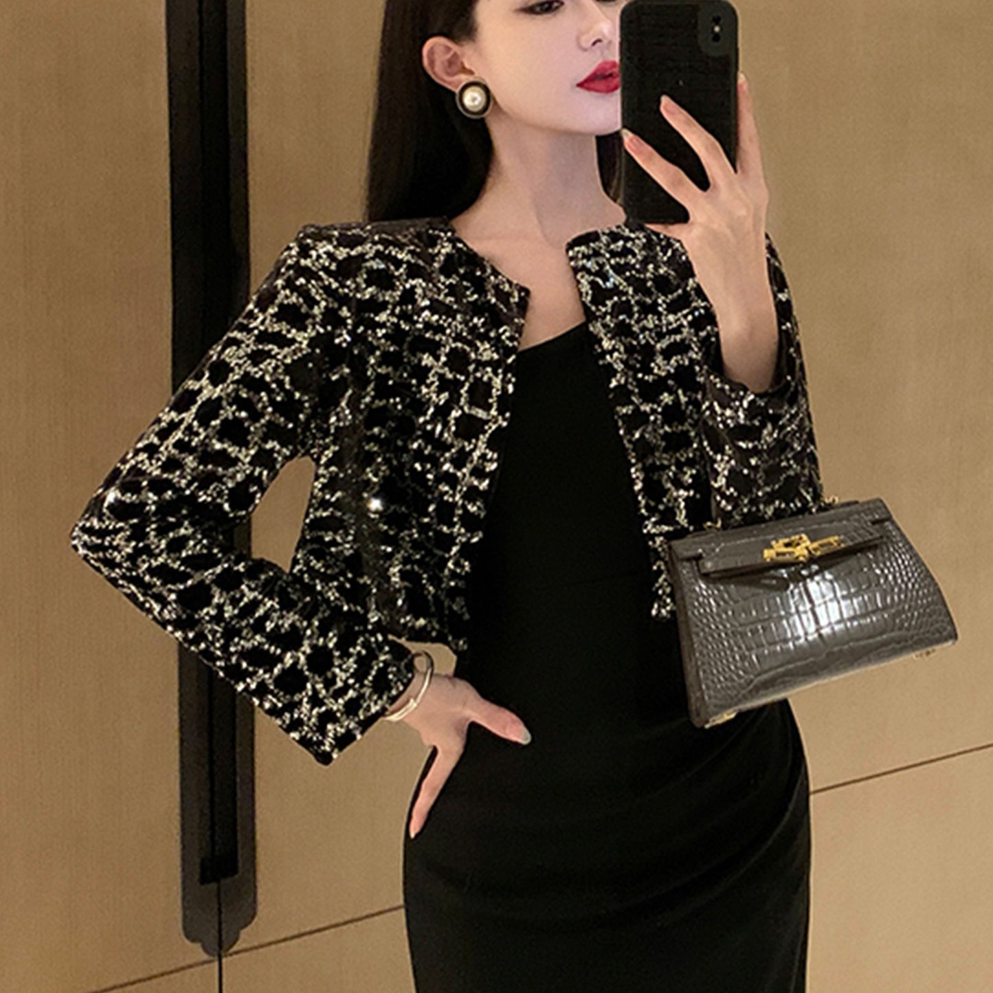 dunnmall  Contrast Sequin Open Front Slim Coat, Elegant Long Sleeve Crop Coat For Every Day, Women's Clothing