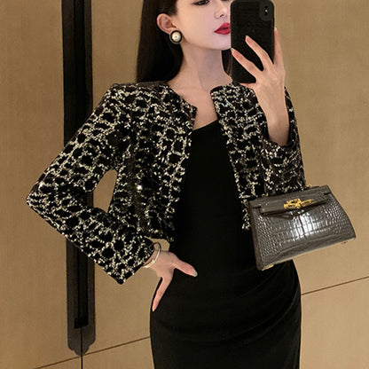 dunnmall  Contrast Sequin Open Front Slim Coat, Elegant Long Sleeve Crop Coat For Every Day, Women's Clothing