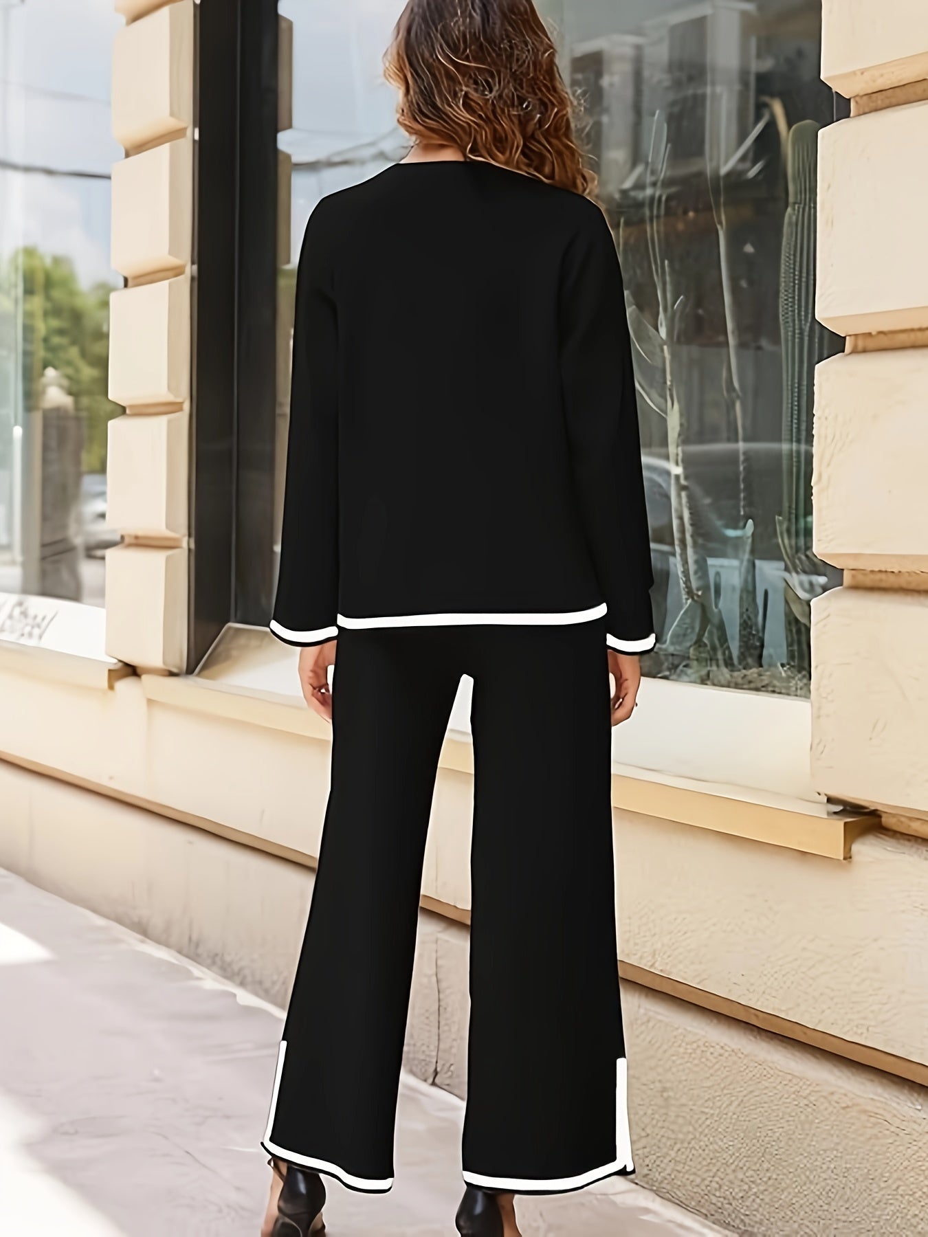 Contrast Trim Two-piece Set, Crew Neck Long Sleeve Top & Elastic Waist Pants Outfits, Women's Clothing