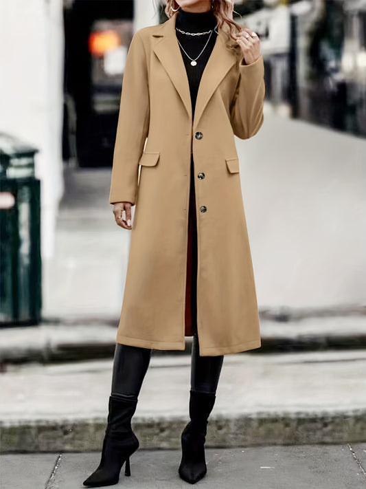 xieyinshe Solid Button Front Pea Coat, Elegant Long Sleeve Lapel Coat, Women's Clothing