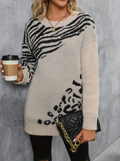 dunnmall  Leopard & Zebra Pattern Crew Neck Sweater, Vintage Long Sleeve Sweater For Fall & Winter, Women's Clothing