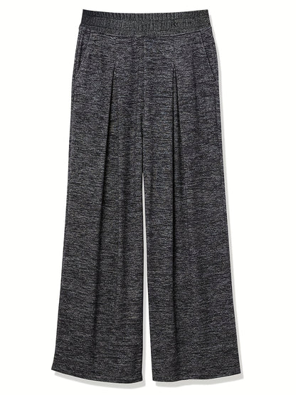 Solid Knit Wide Leg Pants, Casual Elastic Waist Pocket Comfy Pants, Women's Clothing